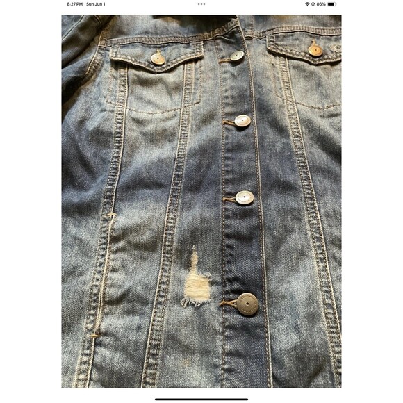 BCBGenervation Jean Jacket Womens M Distressed Blue Denim Pockets Trucker Biker - Picture 3 of 10